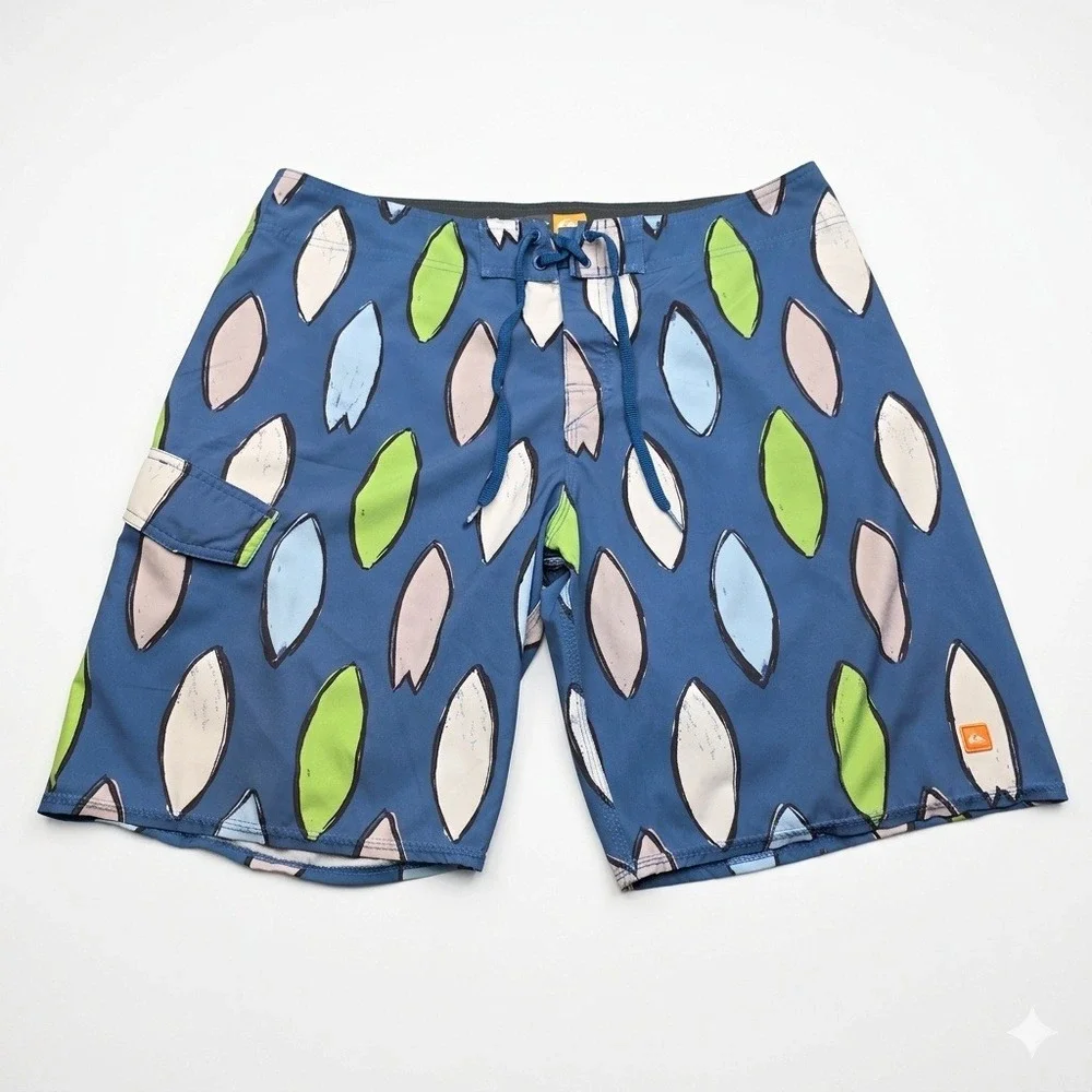 Quiksilver Waterman Collection Board Shorts Mens 36 Blue‎ Surfboard Print Swim